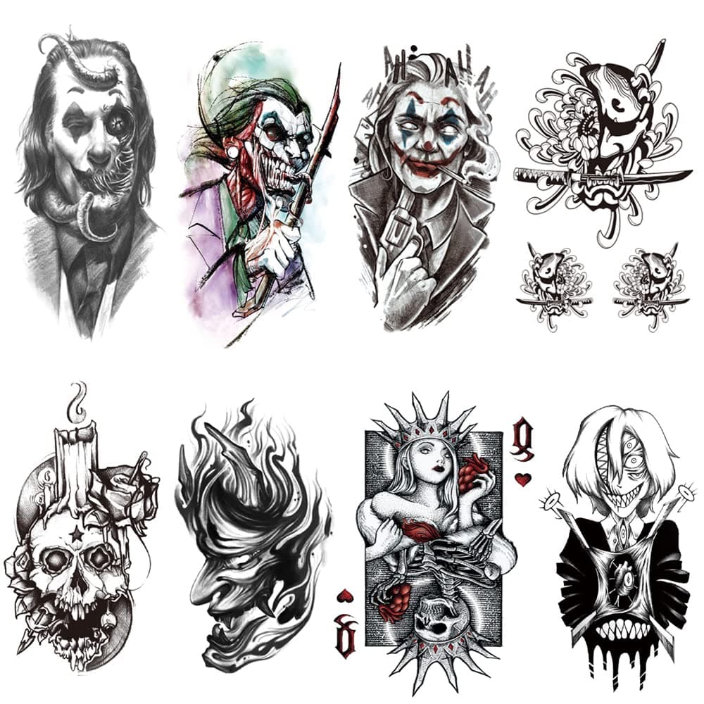 POSTA 8 Sheets Tattoos Stickers Waterproof Temporary Fun Tattoo Clown Tattoo Cover Scar, Scary Halloween Devil Skull Fake Tattoos For Adults Women and Men