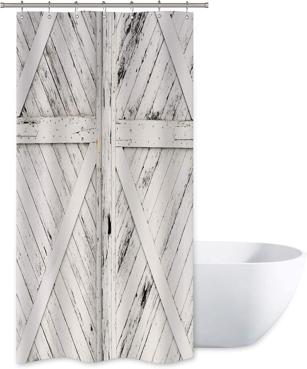 Riyidecor Stall Small Barn Door Shower Curtain 36Wx72H Inch Narrow Half Rustic RV Farmhouse Wood Gray and White Wooden Walkin Decor Fabric Polyester Waterproof 7 Pack Plastic Hooks