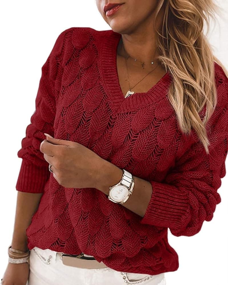 Women's V Neck Long Sleeve Pullover Sweater Lightweight Knit Sweaters Novelty Sweaters