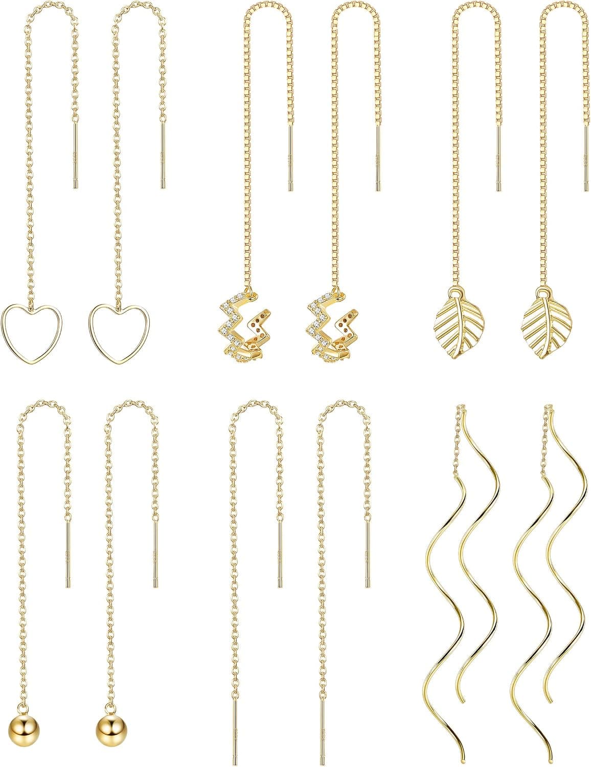 Subiceto 6 Pairs Stainless Steel Threader Chain Earrings for Women Lightweight Long Tassel Wave Leaves Curve Ear Cuffs Dangle Drop Minimalist Earrings Set