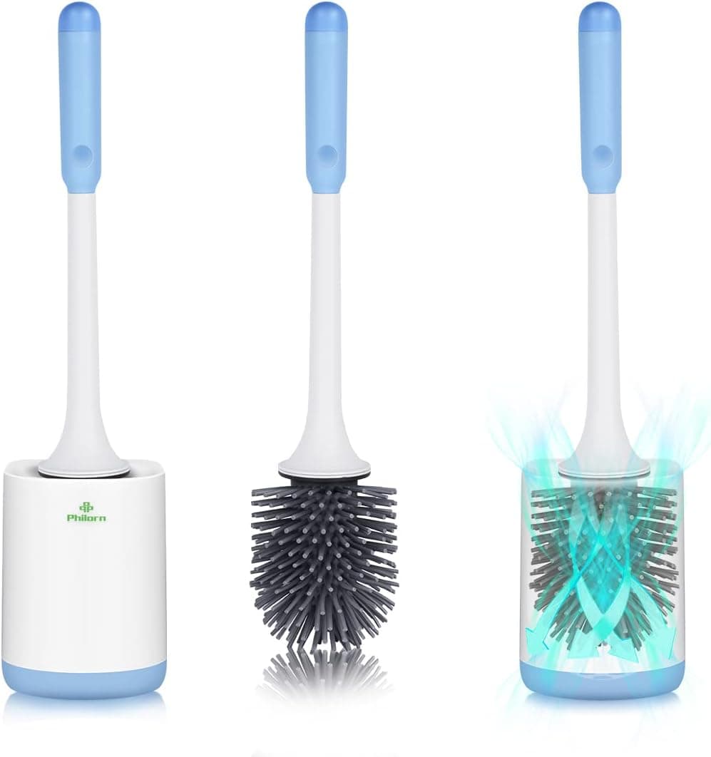 Philorn Toilet Brush and Holder Set Silicon, Bathroom Toilet Brush with Dry Container, Non-Slip Plastic Handle and Drainable Base, Two Installations for Floor and Wall (Blue)