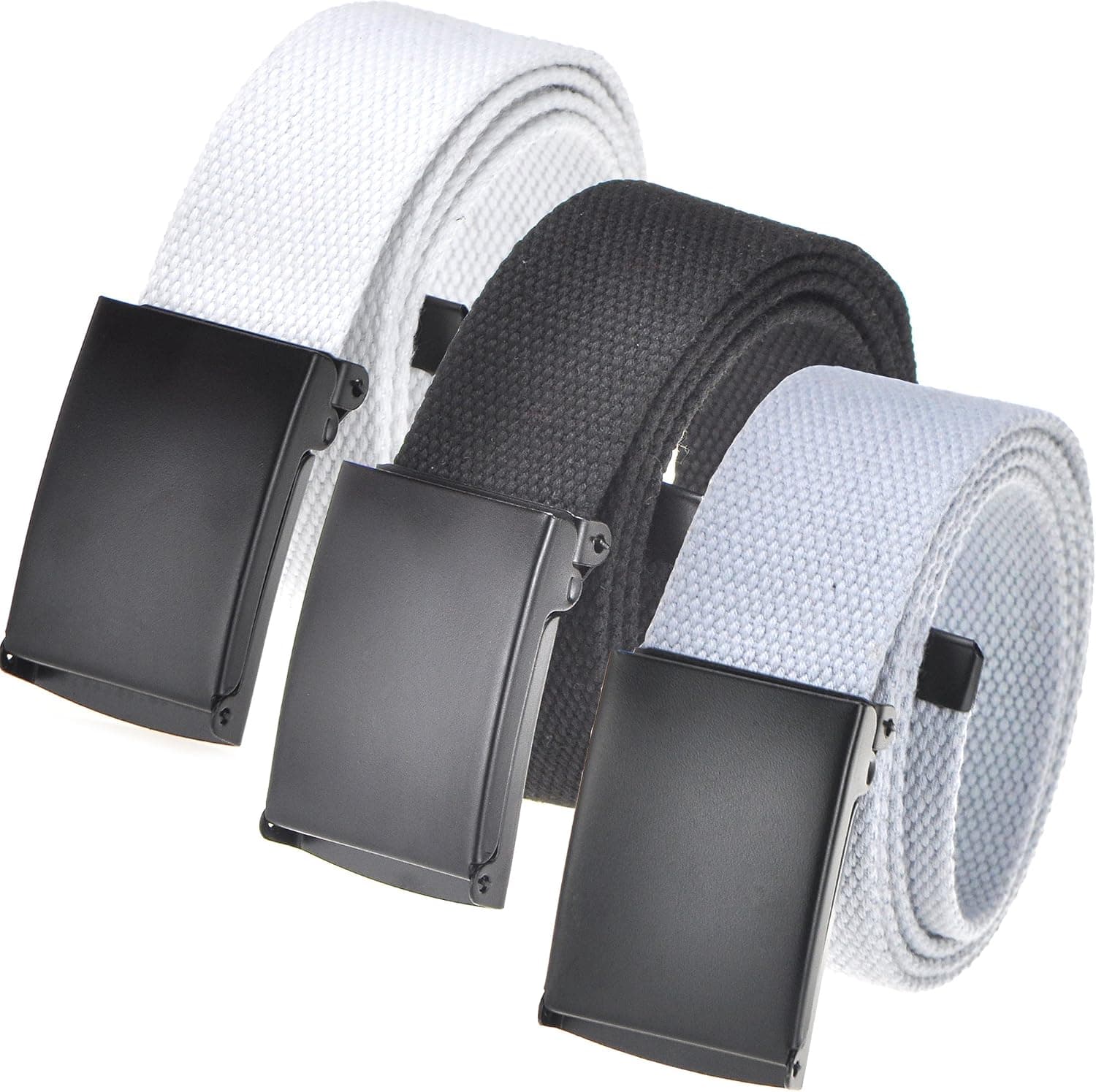 Men's Casual Outdoor Belt 16 colors, Canvas Web belt Waist Flip-Top Solid Black Buckle Up to 56" (3 Pack, Black/Natural/Grey)