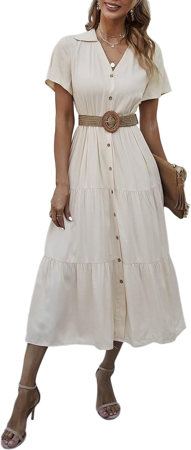 iRACHEU Women's Summer Bohemian Ruffle Dress V Neck Short Sleeve A-Line Swing Midi Sun Dress with Belt