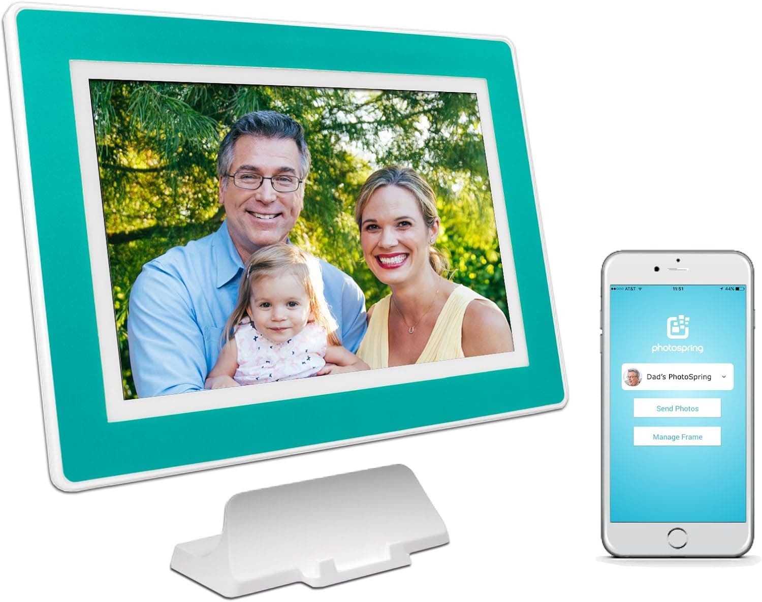 PhotoSpring (16GB) 10-inch WiFi Cloud Digital Picture Frame - Battery, Touch-Screen, Plays Video and Photo Slideshows, HD IPS Display, iPhone & Android app (White/Turquoise Mat - 15,000 Photos)
