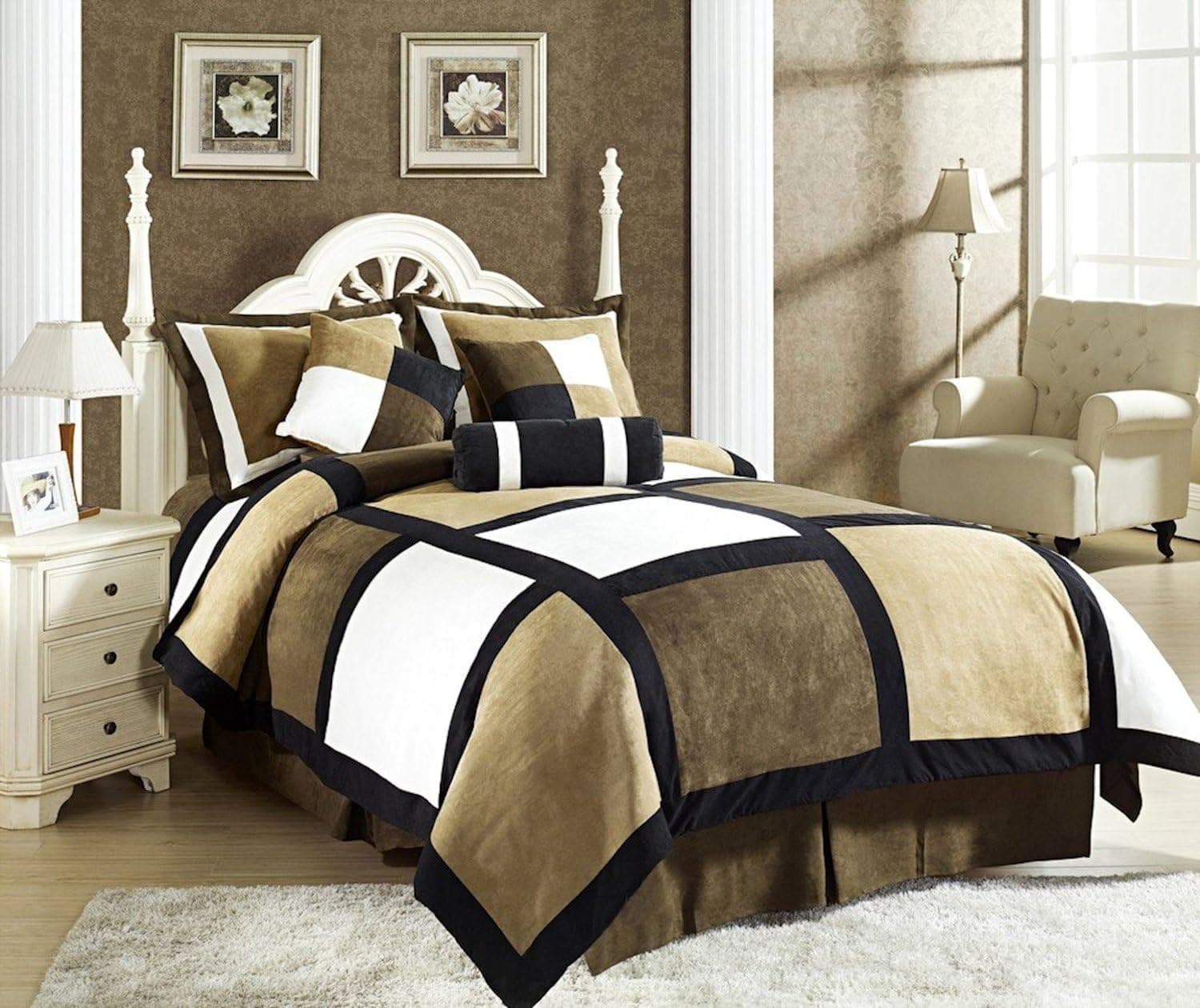 Legacy Decor 7-Piece Black Brown Beige Micro Suede Patchwork Comforter Set Machine Washable, Bed-in-a Bag- Queen Size