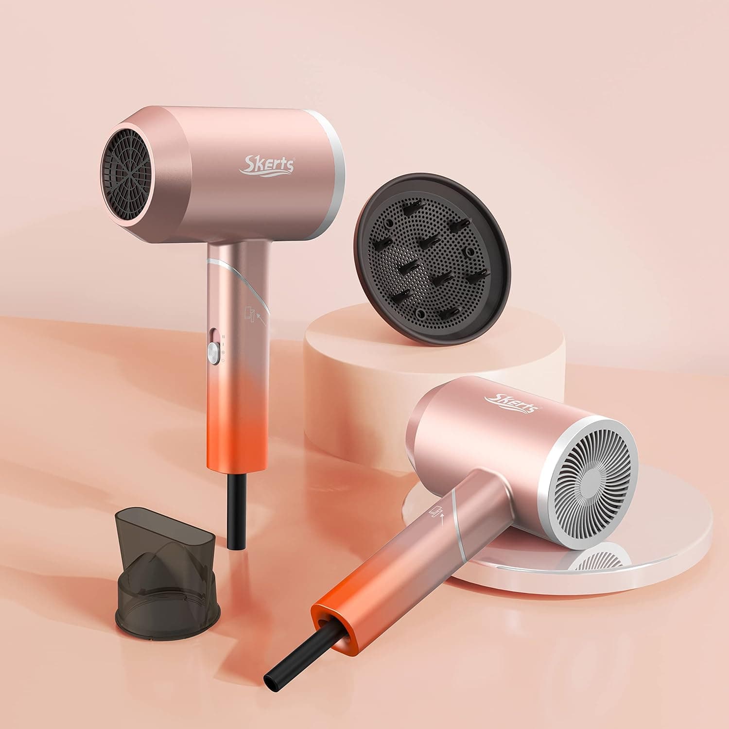 SKERTS Lightweight Ionic Hair Dryer, 1800W Hair Blow Dryer with DC Motor, 3 Heating/2 Speed/Cool Button, Negative Travel Hairdryer with Diffuser Nozzle, Foldable Hairdryers for Home Travel, Rose Gold