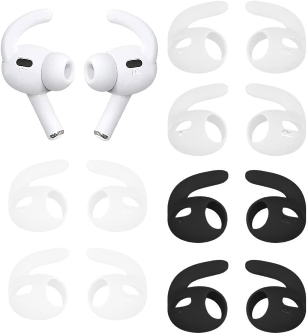 ALXCD Sport Eartips Hook Compatible with AirPods Pro 2 Earbuds 2nd Gen 2022, Anti Slip Anti Lost Silicone Earbuds Covers Ear Hook Eartips, Compatible with AirPods Pro 2, 6 Pairs Black White Clear