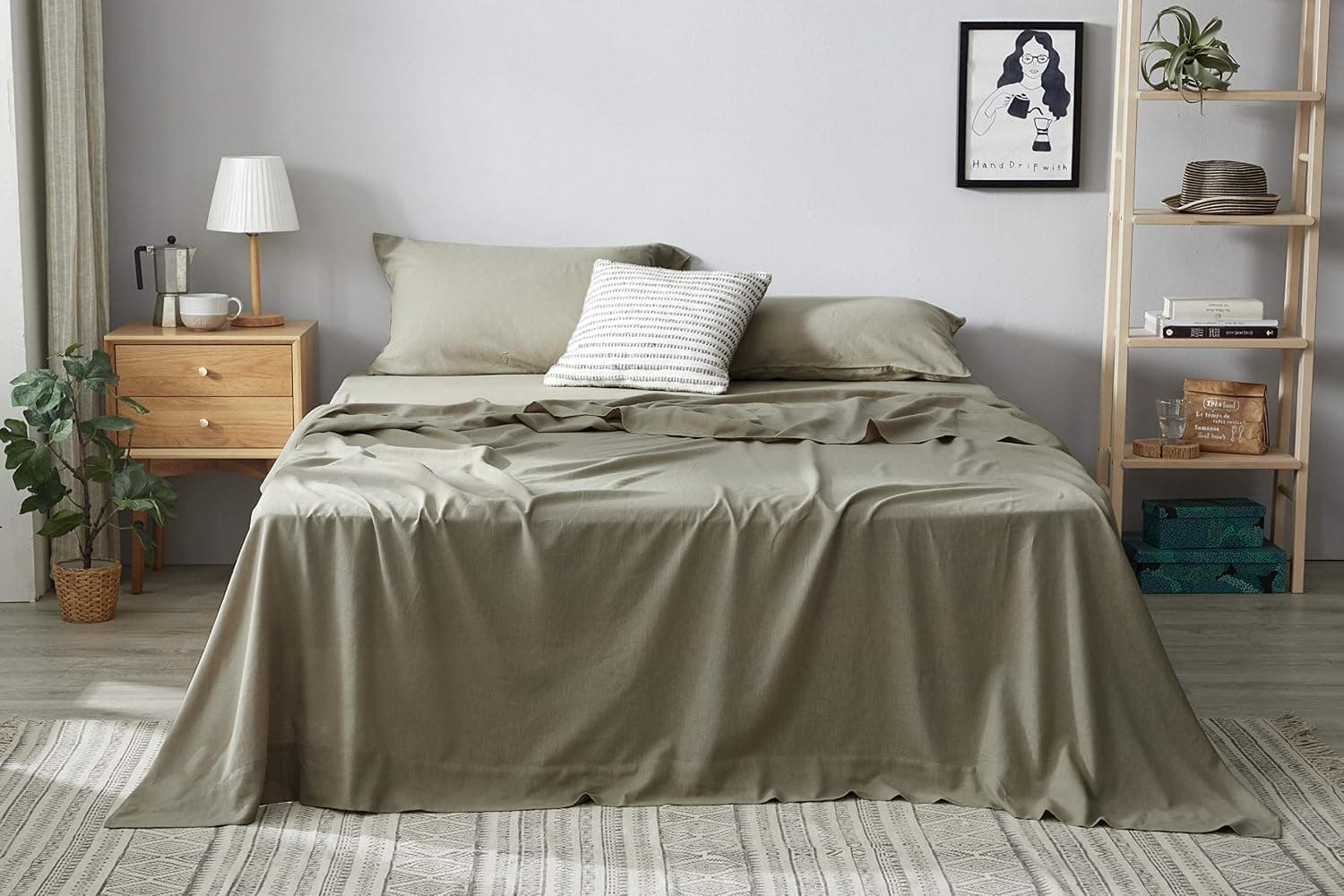 DAPU 55% French Linen 45% Long-Staple Cotton Sheets Set(Greyish-Green/Linen Cotton, Queen,Flat, Fitted and 2 Pillowcases