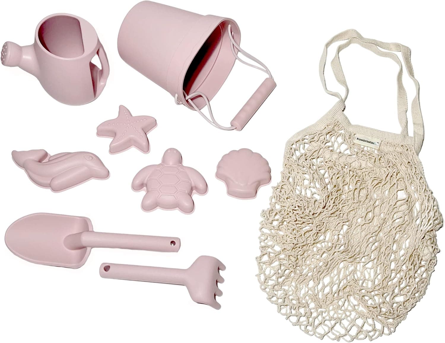 BraveJusticeKidsCo. | Silicone Summer Beach Set XL | Toddler Sandbox Toys | + Beach Bag + Watering Can & Rake (Blush)
