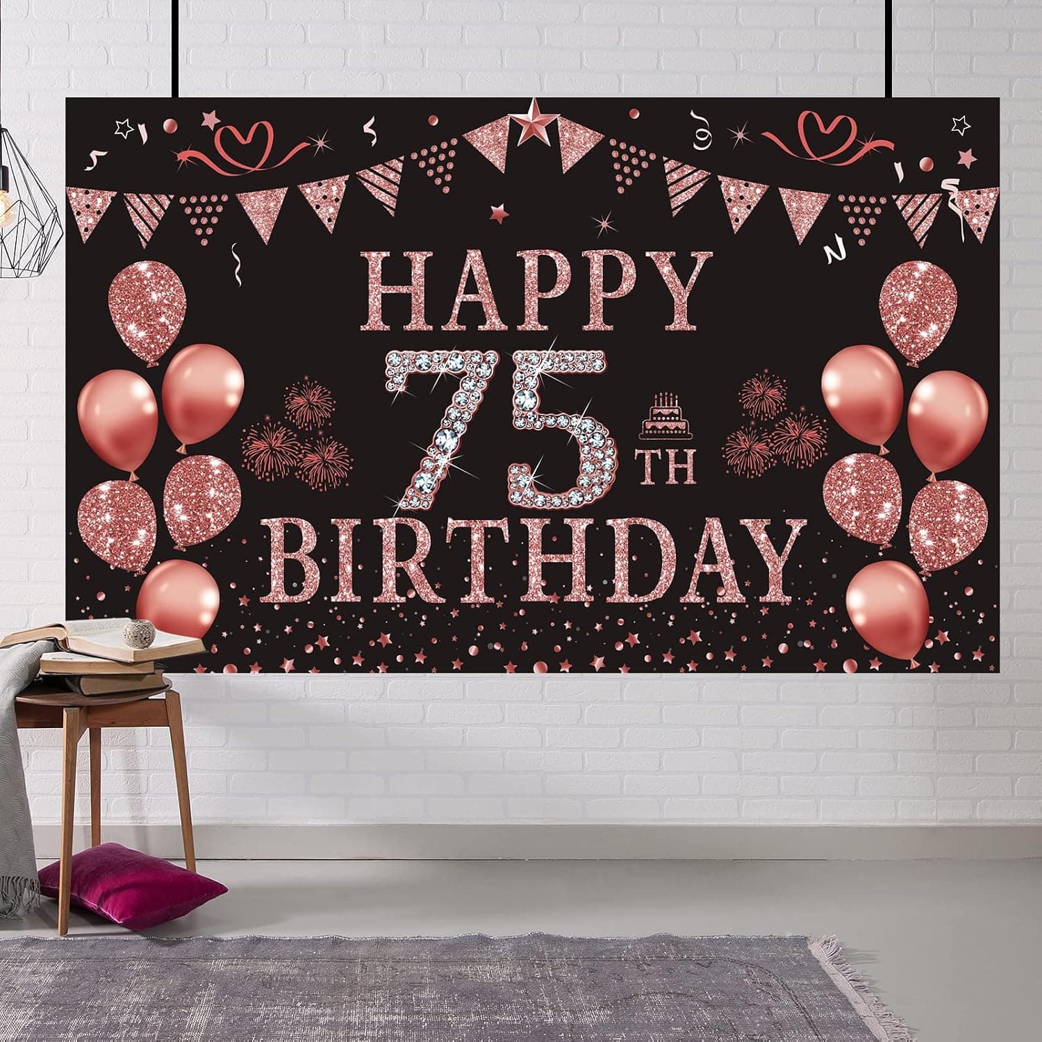 Trgowaul 75th Birthday Decorations for Women 75 Year Old Rose Gold Birthday Backdrop Banner 5.9 X 3.6 Fts Happy Birthday Party Suppiles Photography Supplies Background Happy 75th Birthday Decoration