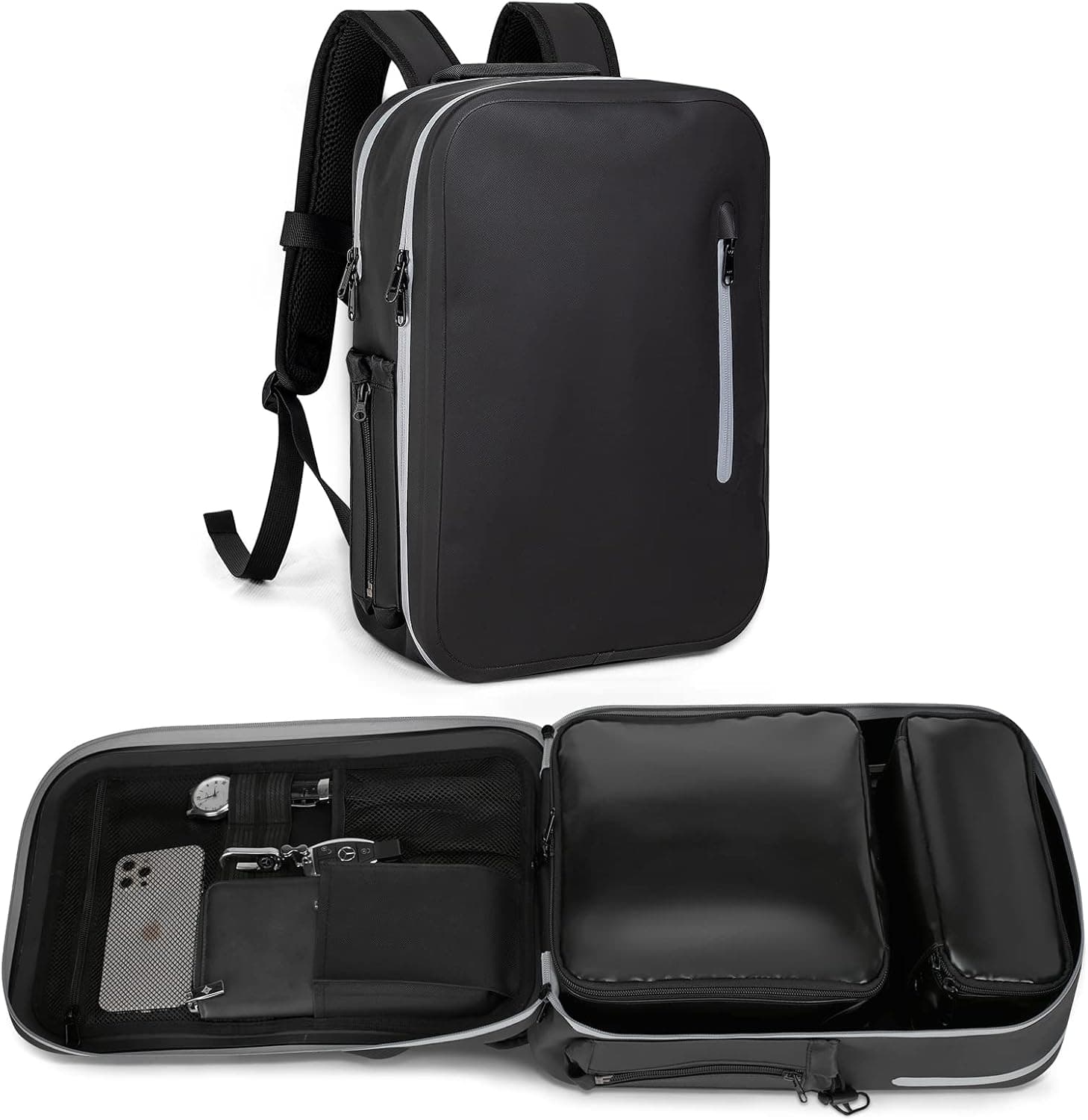 CLOSE THE WORLD 840D TPU Waterproof Backpack with 2 Removable Cosmetic Bags, Airtight Zipper Pocket, Hiking Backpack for Travel, Work, Fishing, Boating, Hiking(Grey 25L)
