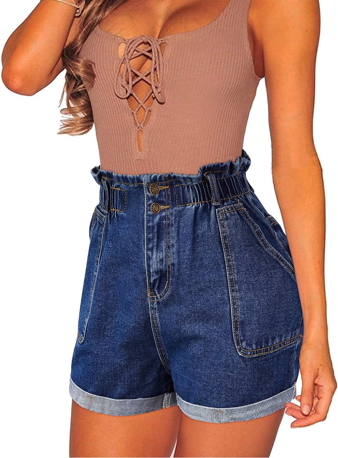 OUGES Women’s Casual Ripped Denim Shorts Stretchy Frayed Raw Hem Shorts Jeans