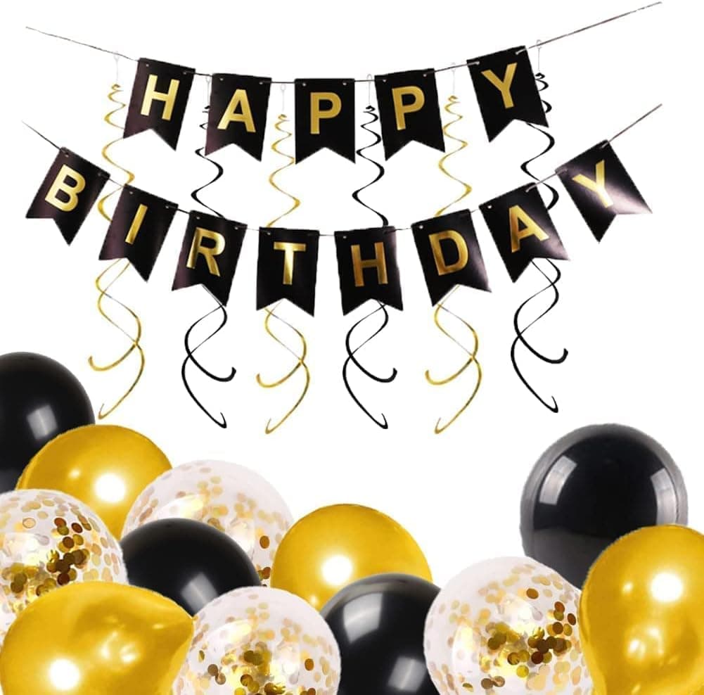 Happy Birthday Banner, Black and Gold Party Decoraitons, Happy Birthday Decoration for Men, Black and Gold Balloons Garland Arch Kit, 6 Hanging Swirls, Party Supplies for Graduation Baby Shower