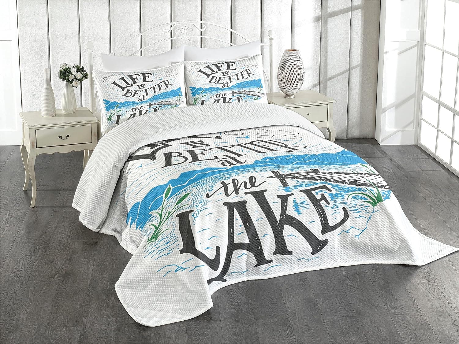 Lunarable Cabin Bedspread, Life is Better at The Lake Wooden Pier Plants Mountains Sketch Art, Decorative Quilted 3 Piece Coverlet Set with 2 Pillow Shams, King Size, Charcoal Grey