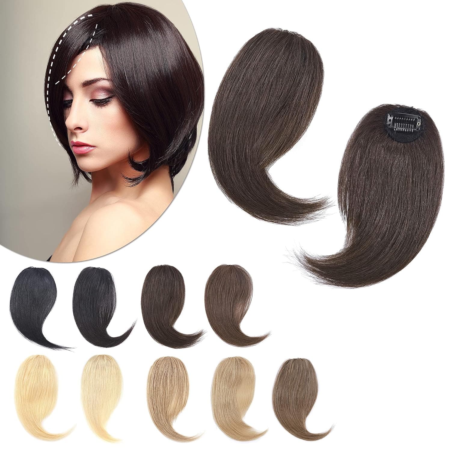 SEGO Side Bangs Clip in Bangs 100% Real Human Hair 10 inch 2PCS French Bangs Wave Fringe Swept Natural look Hair Piece 15g/Pcs -Dark Brown