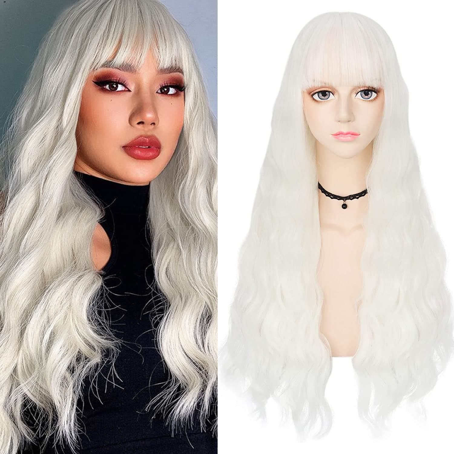 Anogol Hair Cap+ White Wig With Bangs Long Body Wave Wig for Lolita wigs White Cosplay Wig for Daily Use Synthetic Wigs for Lolita Wigs For Women Girls Men Boys Dress Up Wig For Anime Cartoon Costume Party Wig For Halloween Wig For Christmas Wig