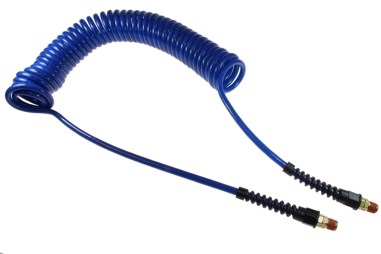 Coilhose Pneumatics PU38-15B-B Flexcoil Polyurethane Coiled Air Hose, 3/8-Inch ID, 15-Foot Length with (2) 3/8-Inch Reusable Strain Relief MPT Swivel Fittings, Dark Blue