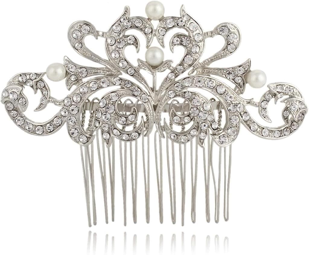 EVER FAITH Austrian Crystal Simulated Pearl Floral Leaf Heart Shape Hair Comb Clear
