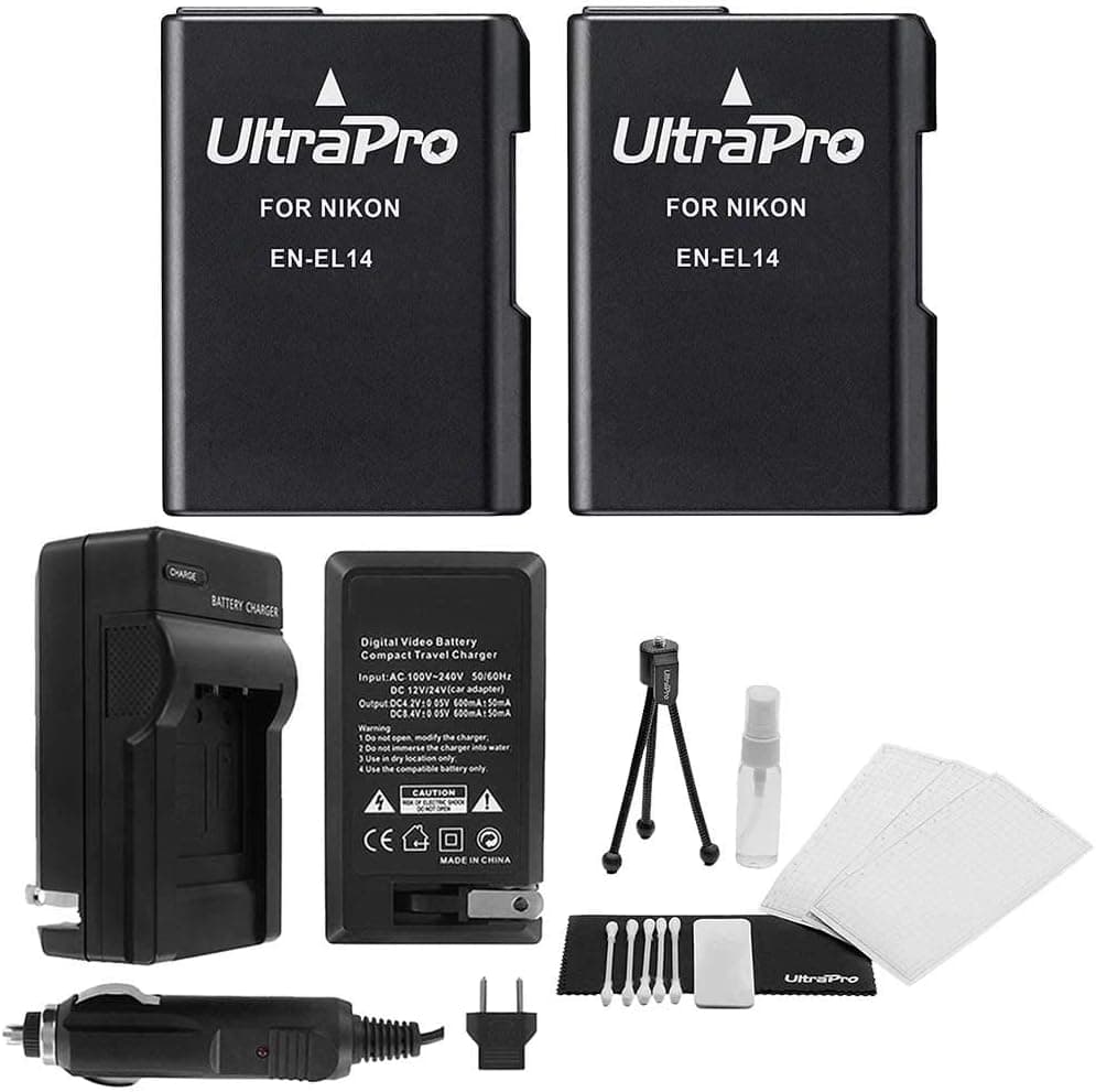 UltraPro EN-EL14 / EN-EL14a Battery 2-Pack Bundle with Rapid Travel Charger for Select Nikon Cameras Deluxe Accessory Set Included