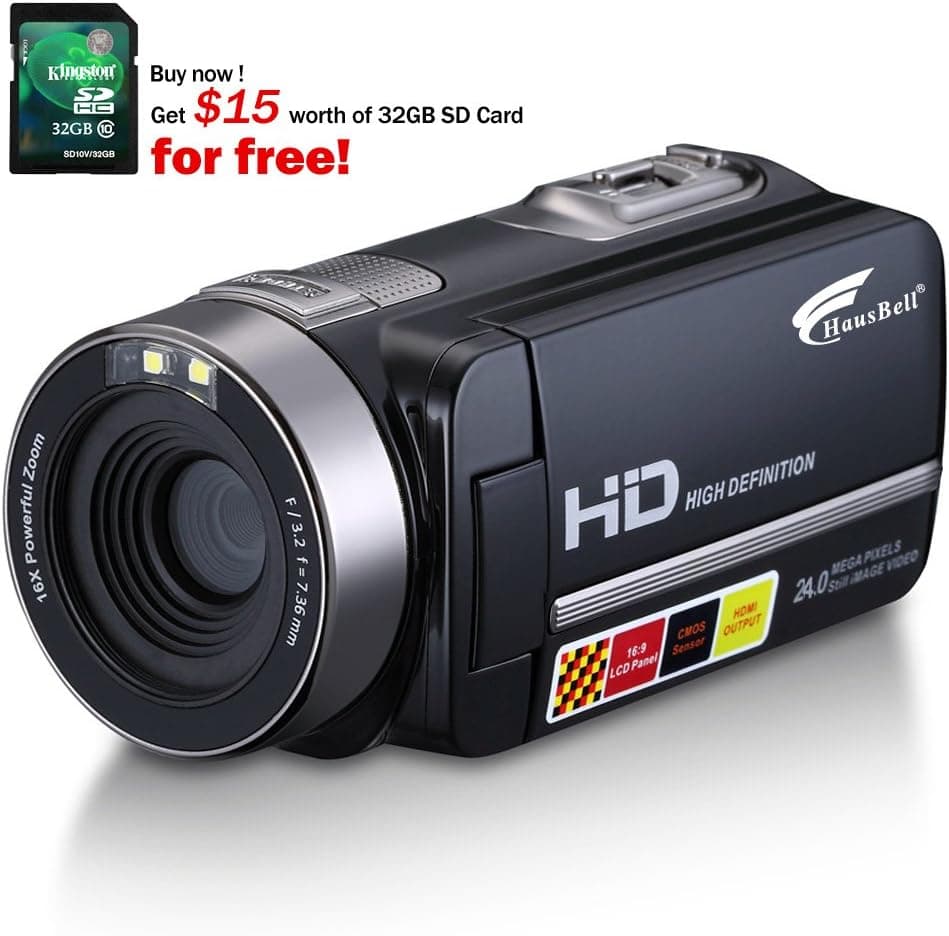Hausbell HDBV-301 Full HD Digital Video Camera Camcorder 1920 X 1080P with 3.0" TFT LCD, 16 X Digital Active Zoom, 32 GB Memory Cards, Black