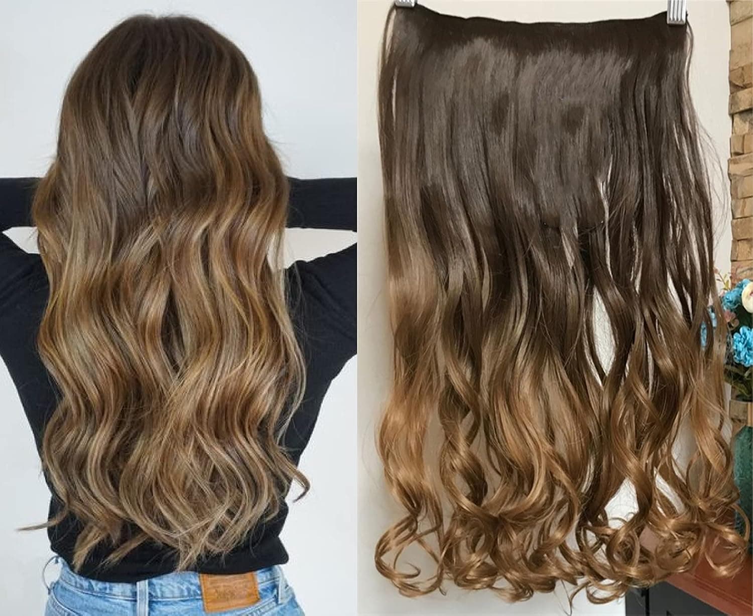 DevaLook Hair Extension 20 Inches Long Soft Thick 5clips Curly Wavy Clip in Ombre Hair Extensions (20 in Chocolate brown to dark blonde)