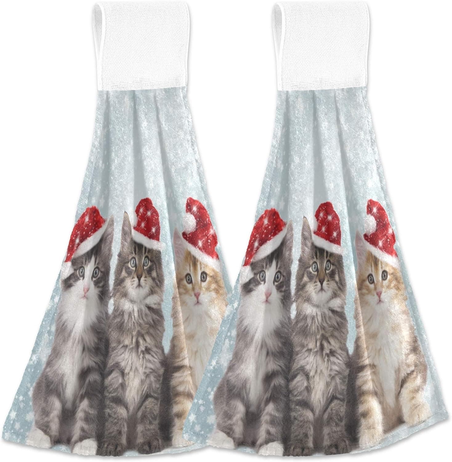 Christmas Kitten Hanging Kitchen Towels White Snow Animal Cat Bathroom Hand Tie Towel Fast Drying Dish Tea Towels for Bath Tabletop Gym Home Decor Set of 2