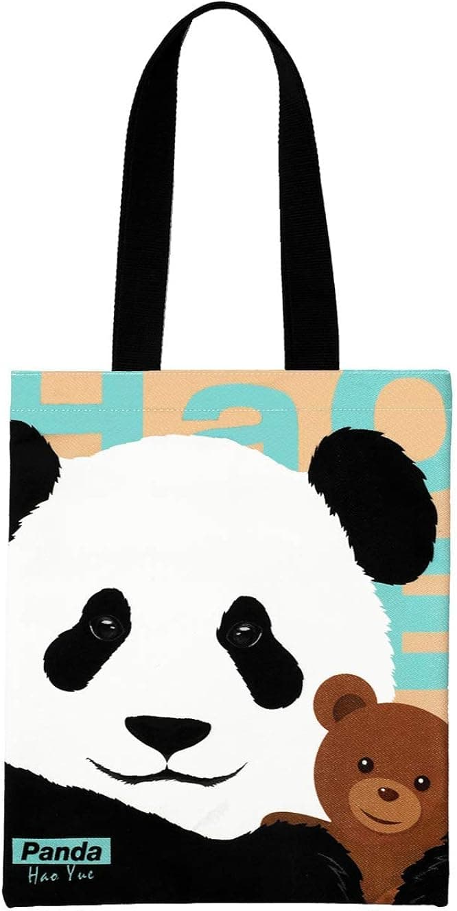 Panda Canvas Tote Bag for Women, Reusable Bag with Zipper, Shopping Bag, Beach Bag, Travel Bag, Printed Cotton Cute Bag