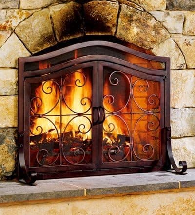 Small 2-Door Finished Tubular-Steel Crest Fire Screen With Solid Steel Scrolls, In Copper