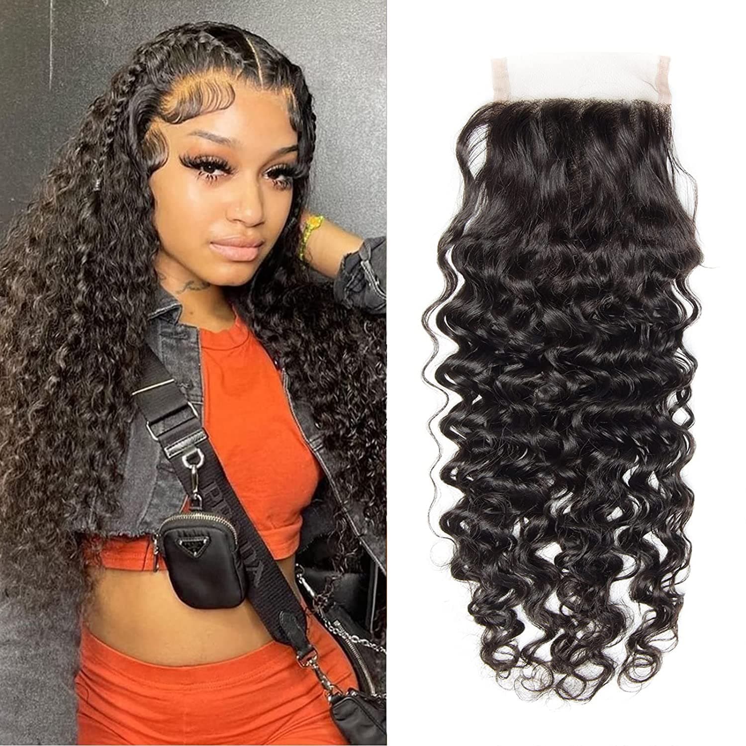 Water Wave Lace Closure 4x4 Free Part Closure Human Hair Curly Weave Lace Closure Swiss Lace Pre-plucked With Baby Hair 150% Density Natural Black Color 14 Inch