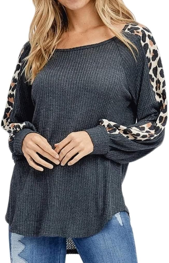 Naggoo Casual Waffle Tops for Women Leopard Long Sleeve Loose Shirts Plus Size Tunic Dark Grey XX-Large