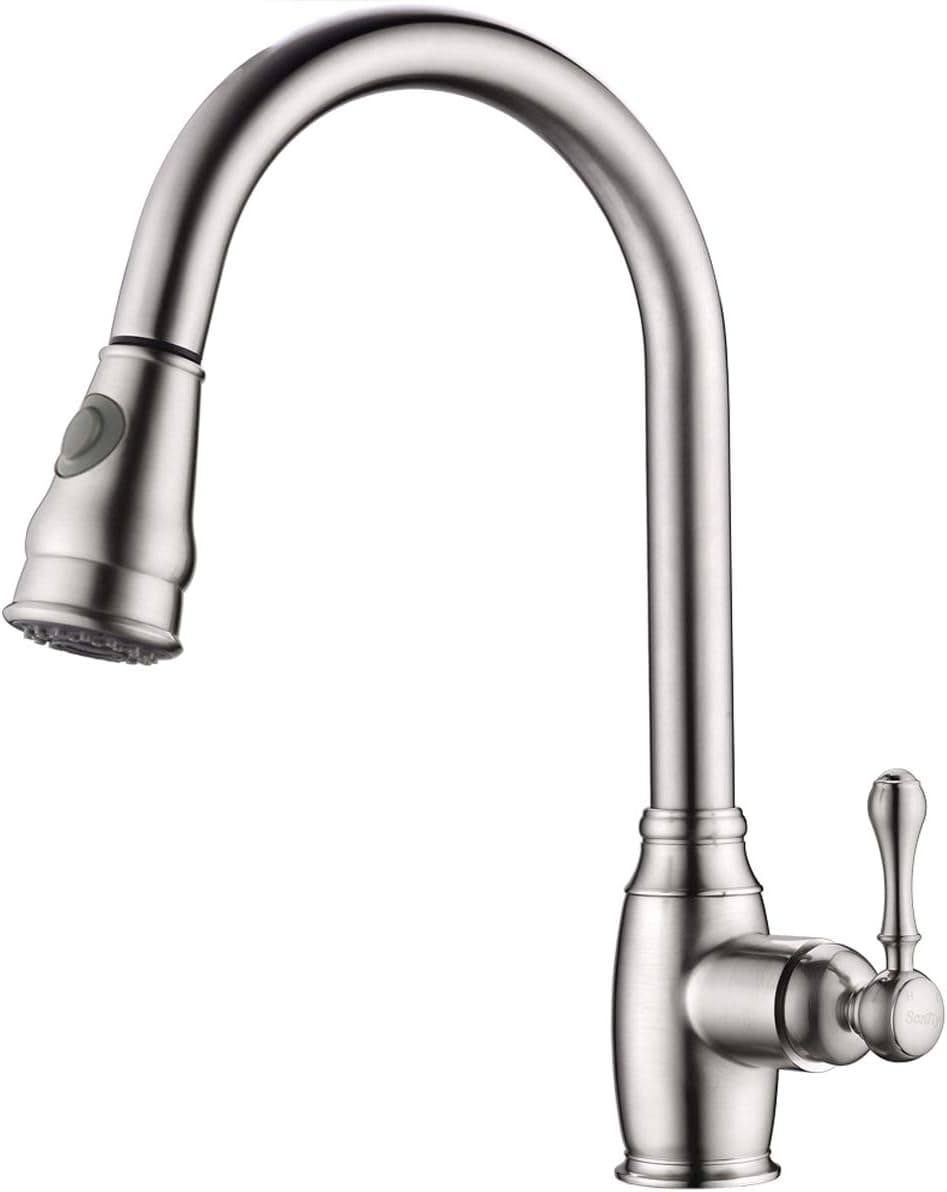 SonTiy Pull Down Kitchen Faucet with Sprayer, Antique Brass Single Handle Kitchen Sink Faucet Brushed Nickel, Commercial High Flow Hands Free Copper Pull Out Kitchen Faucets