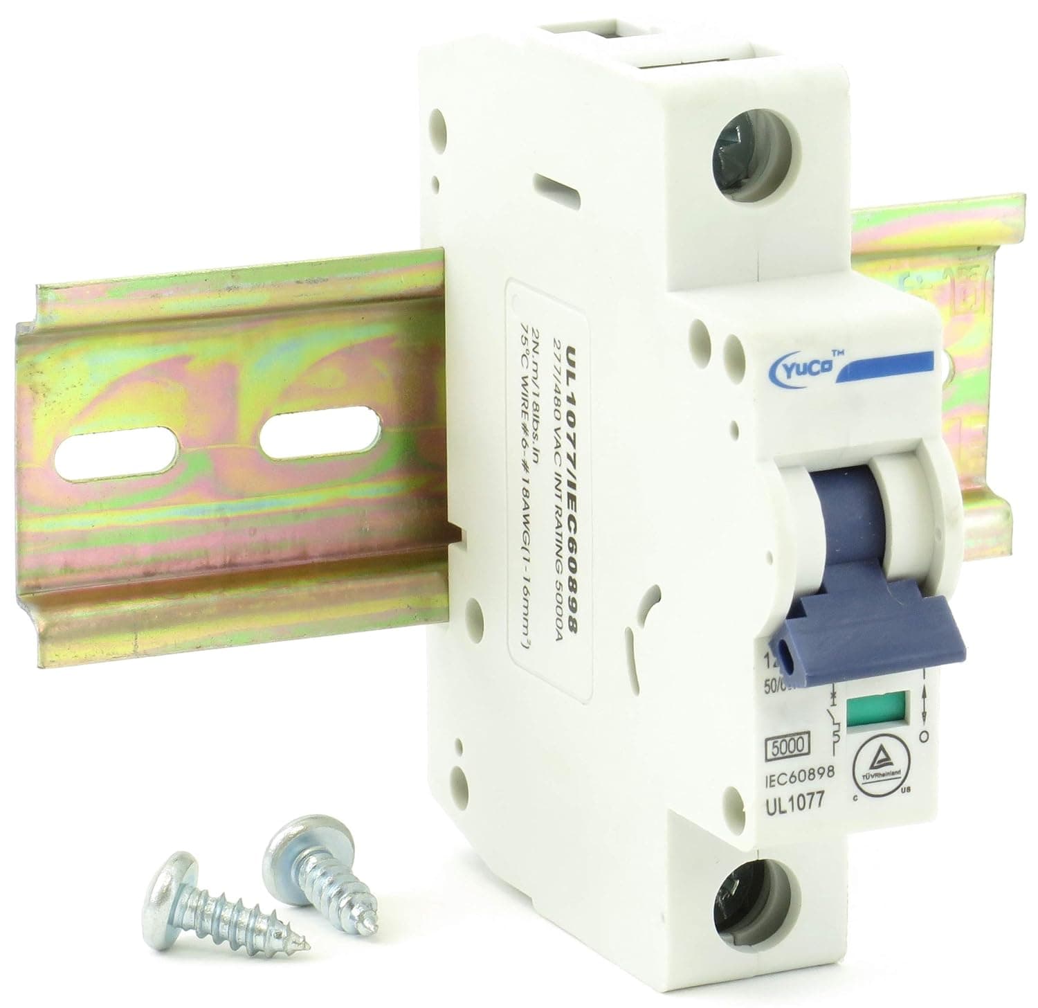 YC-1-1D with 6" Din Rail and 2 Screws Yuco Miniature Circuit Breaker D Curve 277/480VAC 115/220VDC (1 Pole, 1 Amp)