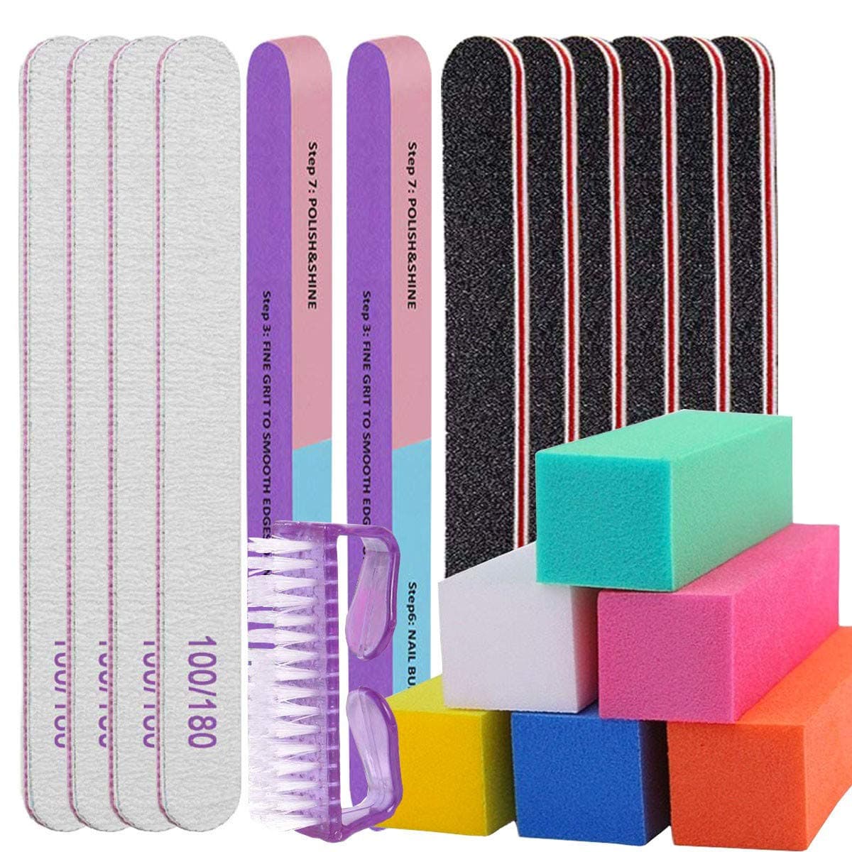 19 Pcs Professional Nail Files and Buffers Tool Set, Emery Boards for Nails, Buffer Block, 100/180 Grit Double Sided Kit, for Natural Gel Acrylic Nails