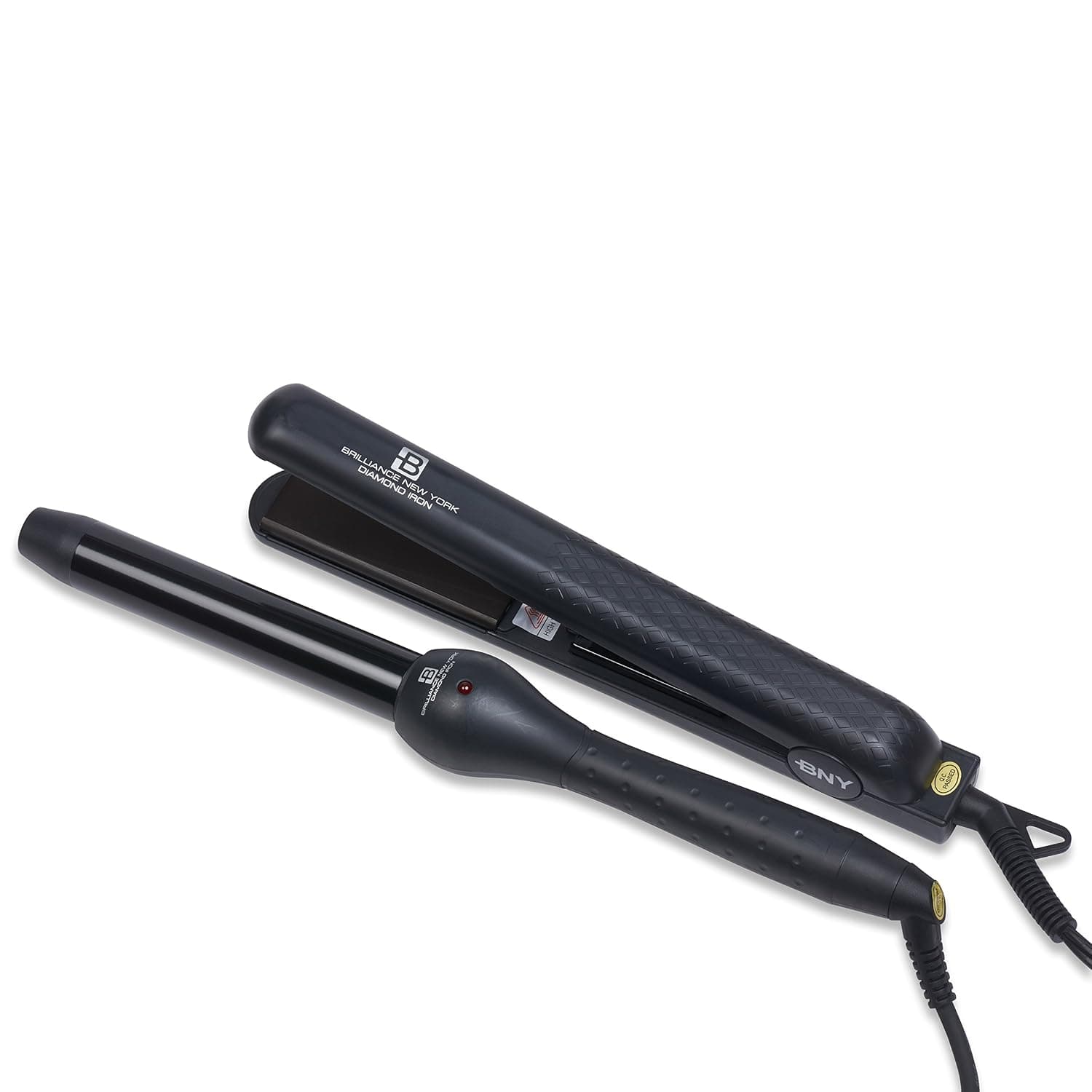 Brilliance New York - Flat and Curling Irons Set: 1.25" Diamond and Ceramic Flat Iron + 1" Clipless Curling Iron, Black