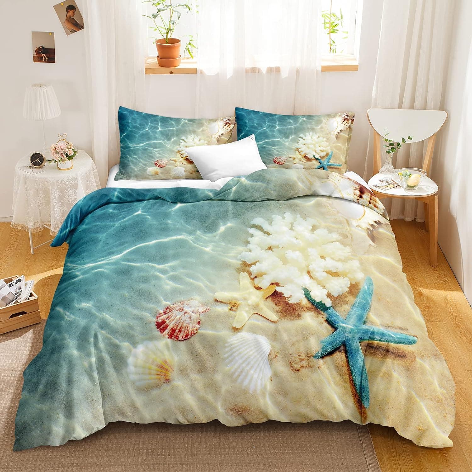 Bedbay Beach Bedding Set King Size Coastal Bedding Nature Theme Ocean Duvet Cover for Teen Adults 1 Duvet Cover 2 Pillowcases(Turquoise,King)