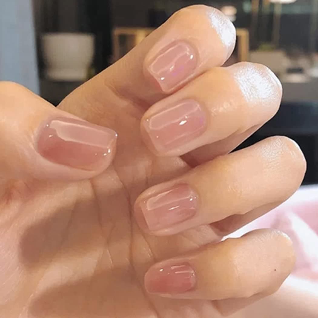 Brinote Short Fake Nails Nude Square Press on Nails Glossy False Nails Tips Daily Office Finger Wear Natural Manicure Full Cover Stick on Nails for Women and Girls（24Pcs） (Pink)