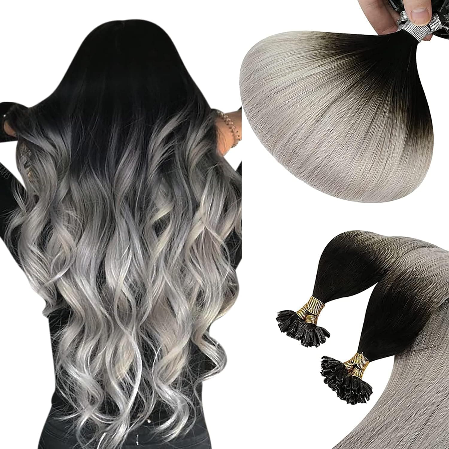 U Tip Hair Extensions Black Ombre Silver Grey #1B/Grey U Tip Human Hair Extensions Ombre Black Utips Fusion Remy Hair Extensions Gray U Tips Keratin Human Hair Extensions Ombre Black 18inch 50g