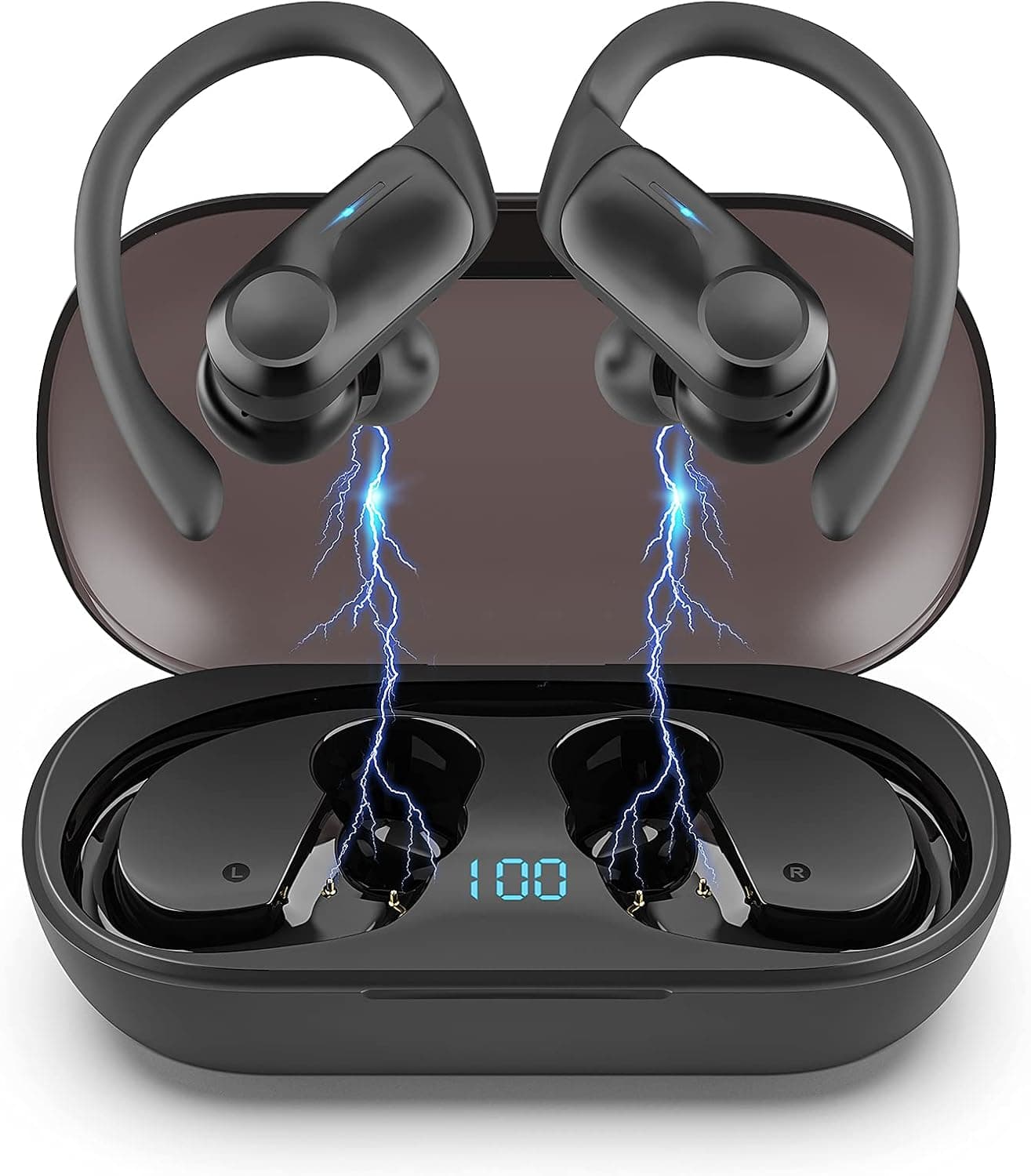 Hadisala Sports Wireless Earbuds, Bluetooth 5.1 Ear-Hooks Headphones with Mic Deep Bass, IPX7 Waterproof Noise Reduction LED Display in Ear Earphone, 50H Playtime with Charging Case for Gym Running