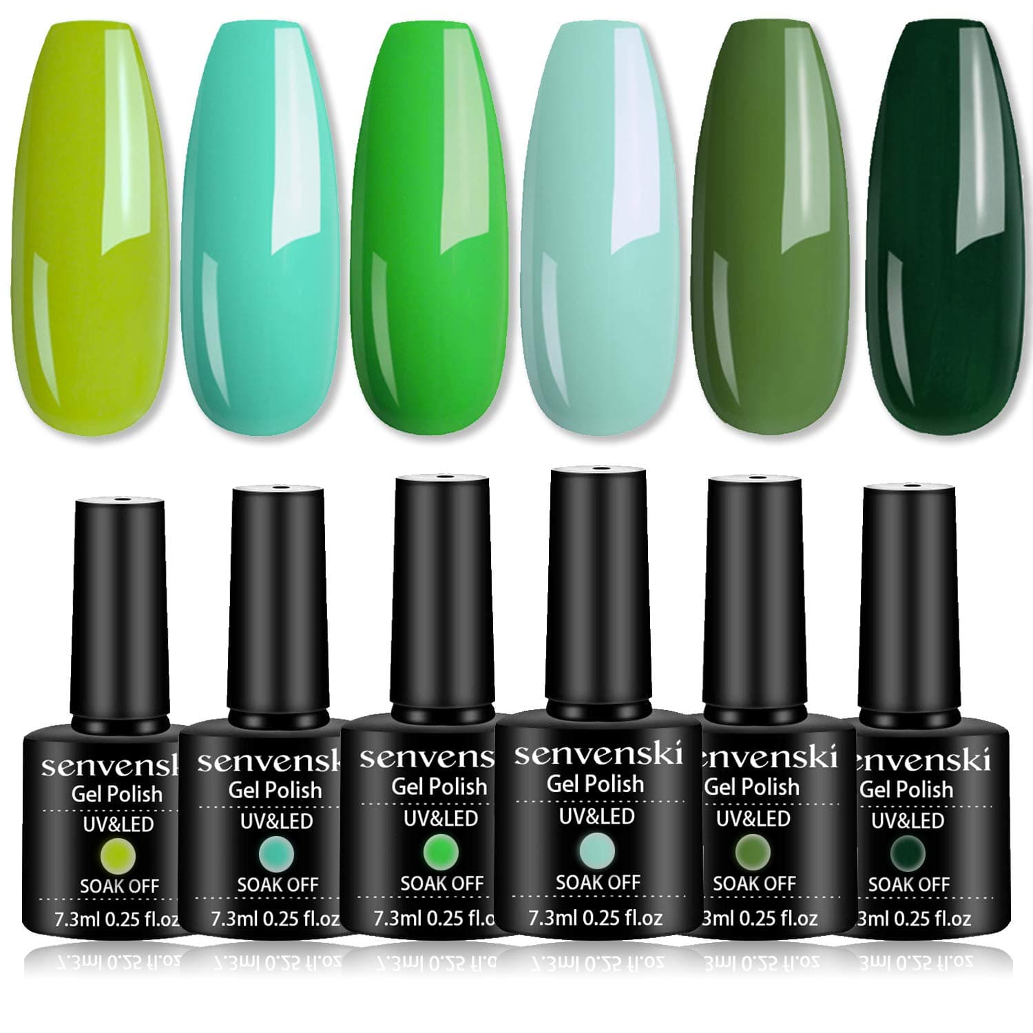 senvenski Teal Gel Nail Polish Army Mint Aqua Lime Green Olive Turquoise Emerald Summer Set Girlfriend Gift Soak Off UV LED Manicure Art Varnish Set Kit DIY at Home 6 Colors (CS6-008)