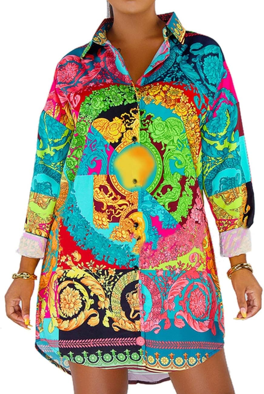 Women's Casual Loose Colorful Floral Print Tunics Sexy V Neck Long Sleeve T-Shirt Comfy Lapel Collar Button Down Tops Stretchy Mini Blouse