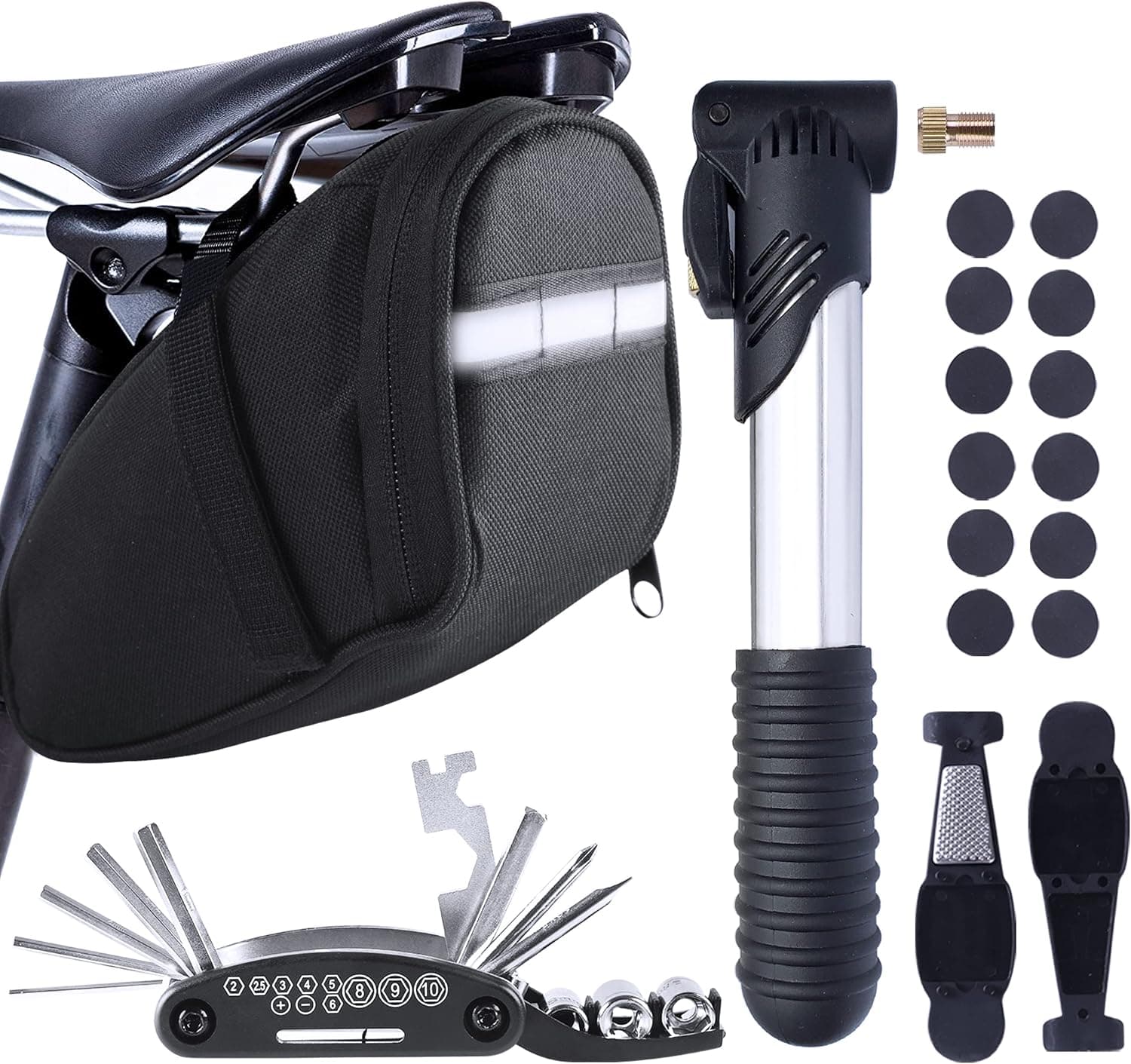 MASPODER Bike Repair Kit, Bike Tire Tool Kit with Mini Pump, Saddle Bag, Multitool Bicycle Accessories Set for Adult Bikes Road Mountain Bike MTB
