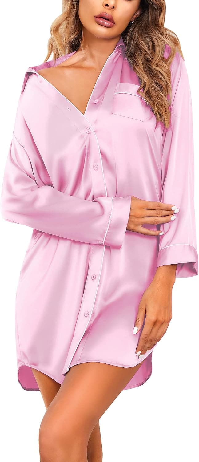 Ekouaer Women's Boyfriend Style Satin Sleep Shirts