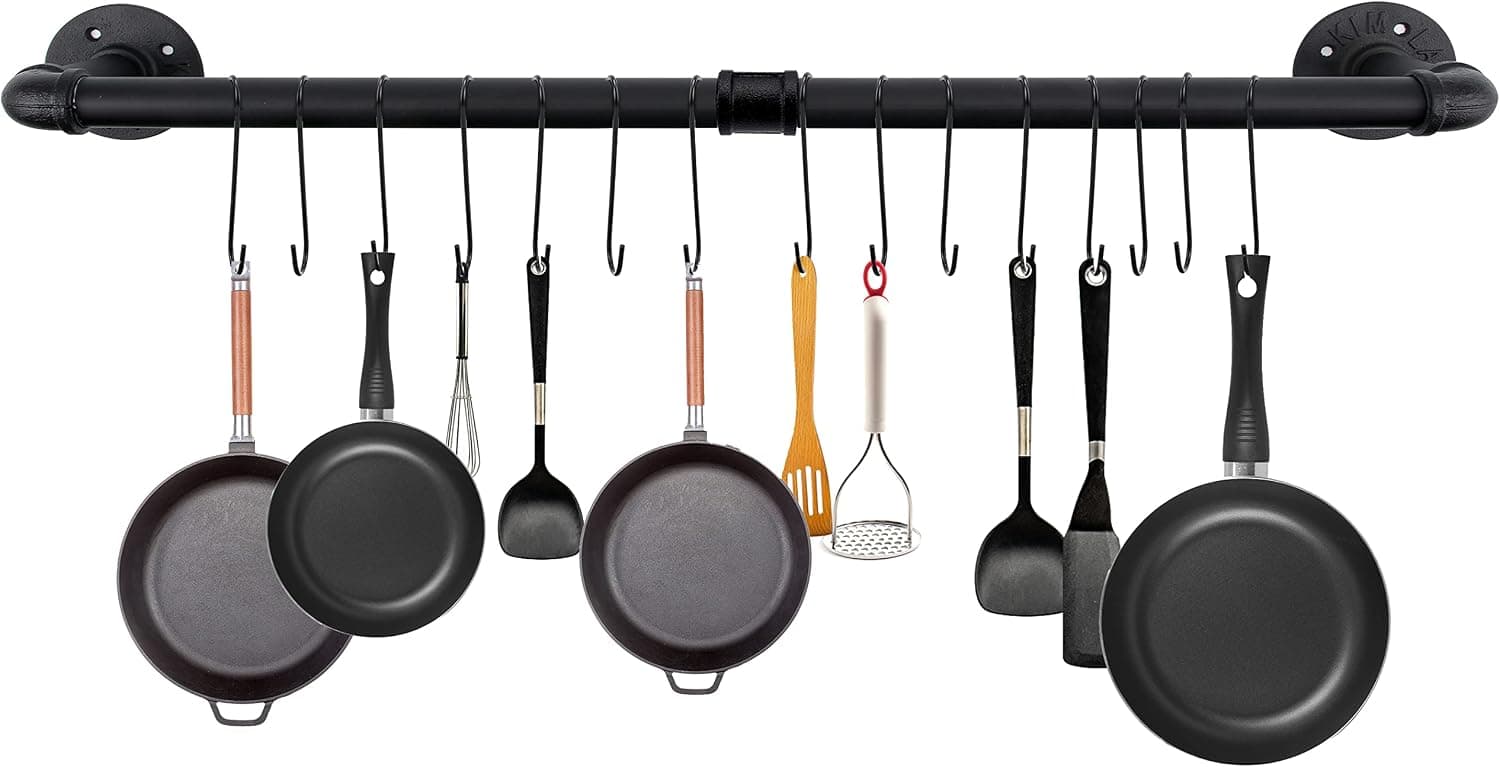 SUJOER 39.4 inch Pot Rack Wall Mounted with 15 Hooks, Hanging Pot Pan Organizer Rack,Utensil Industrial Pipe Hanger,heavy duty Cast Iron Skillet Storage Rail,Cabinet Black Pots and Pans Storage