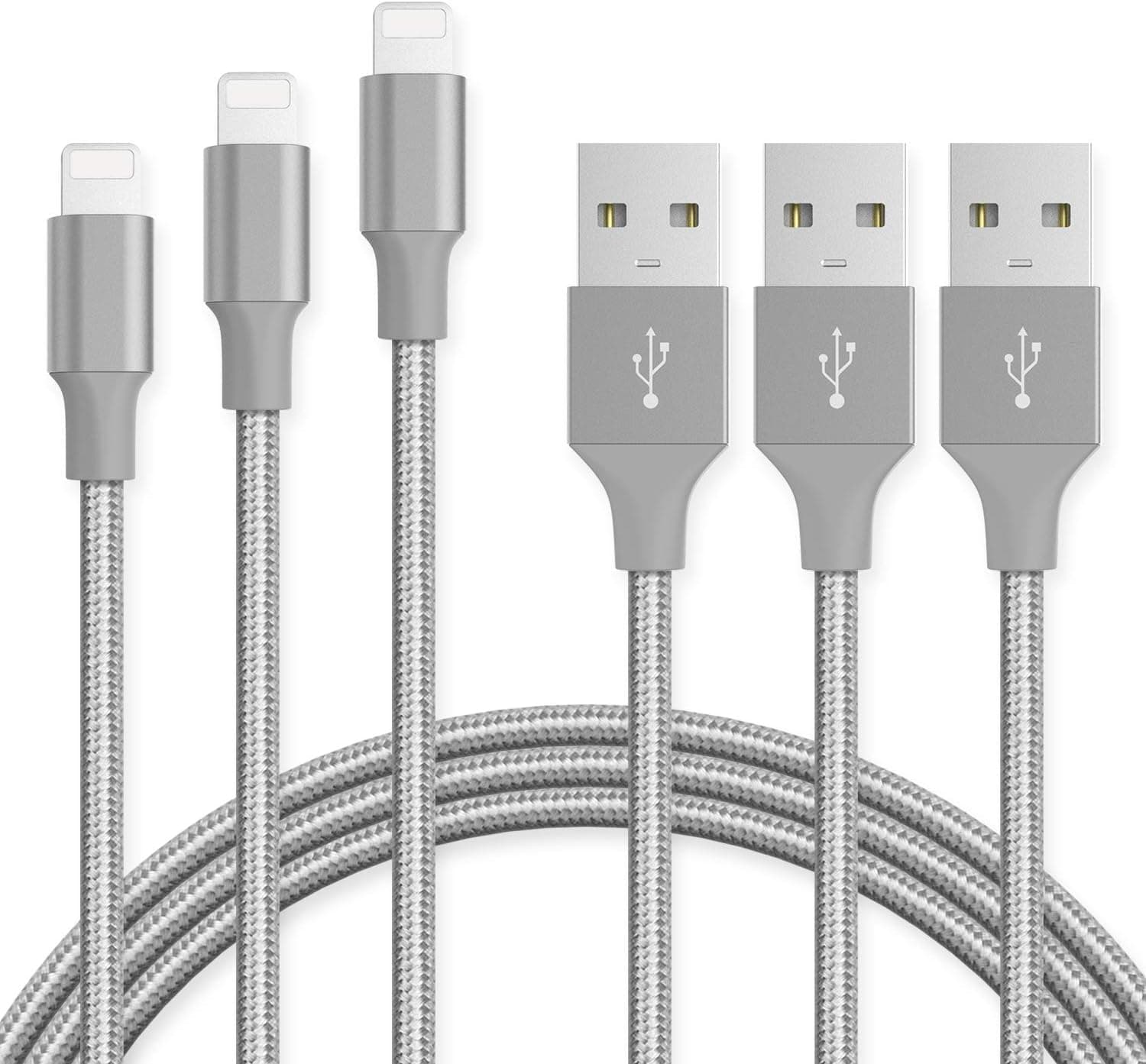 Charger Cable Novtech 3 Pack 3ft 6ft 10ft Heavy Duty Lightning to USB Cable Fast Charging Cord for iPhone x 8 8 Plus 7 7 Plus 6s 6s Plus 6 6 plus 5s 5c 5 iPad Air iPad mini iPod-Gray