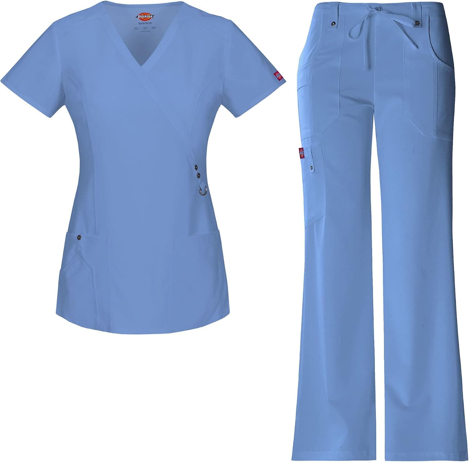 Xtreme Stretch Women Scrubs Set Mock Wrap Top 85956 & Drawstring Pant 82011 (Ceil Blue, M / M)