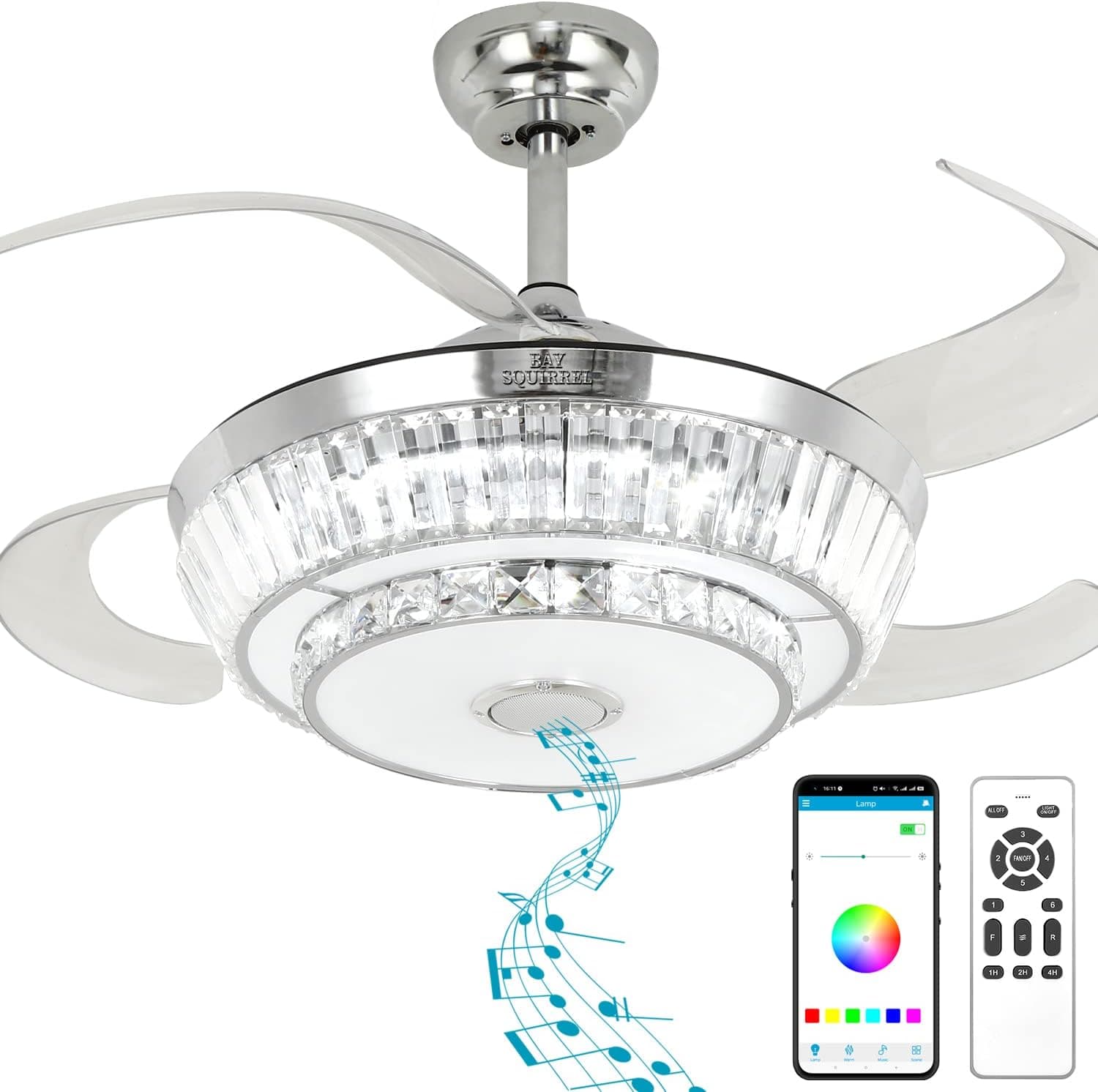 BAYSQUIRREL Retractable Bluetooth Ceiling Fan with Speaker, 85 Kinds of Color Light Bluetooth Ceiling Fan with Light,6 Speed Reversible Modern Invisible Ceiling Fan,Remote and APP Control