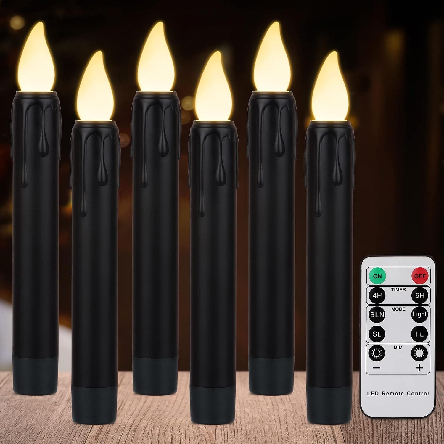 Yunsheng 6.7 Inches Black Flameless Taper Candles Flickering with Remote Timer, 6PCS Battery Operated Window Candles,Drip Wax Look LED Hanging Floating Candles, Warm White Lights, Christmas Home Decor