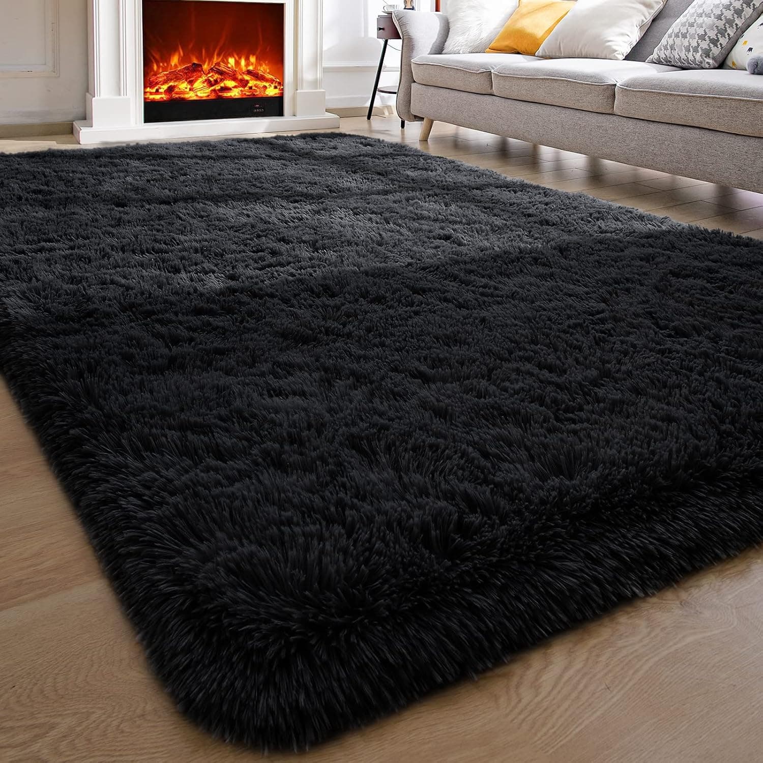 Comeet Super Soft Bedroom Rug Fluffy Carpets, 4 x 6 Feet, Black Shaggy Area Rug for Living Room Bedroom Baby Room, Non-Slip Indoor Room Carpet for Kids Boys Girls Teen Nursery Dorm Home Decor