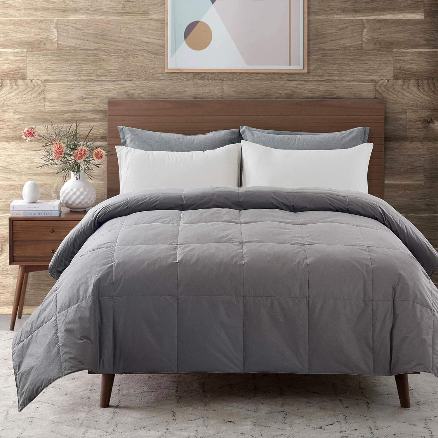 DOWNCOOL Cotton Goose Duck Feather Down Comforter - Lightweight Quilted Duvet Insert with Corner Tabs - Box Stitched Stand-Alone Comforter- Dark Grey,Twin/Twin XL