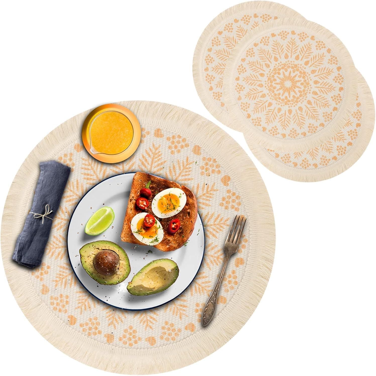 NETEHA Round Placemat Set of 4, 13 Inches Table Mat Bohemian Style Woven Placemat with Tassels Machine Washable Heat-Resistant Placemat Set Dining Table Dinner Home Decoration (Orange)